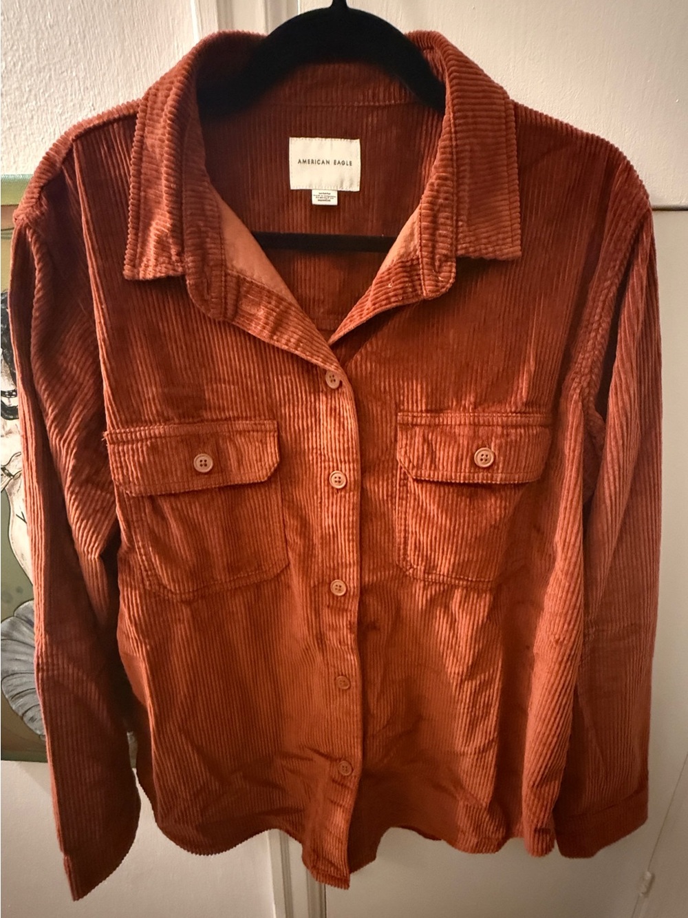 American Eagle rust orange corduroy button up shirt